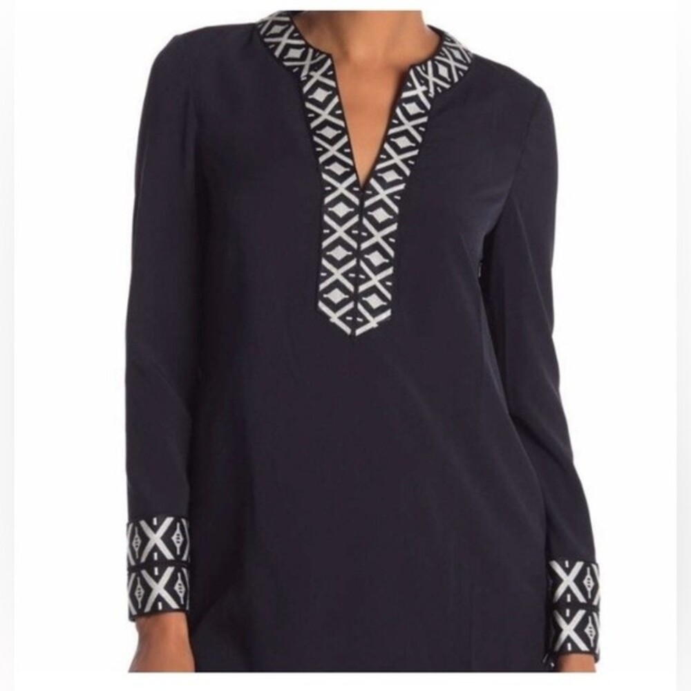 Tory Burch Navy Blue Embroidered Tunic Top Blouse Size 4